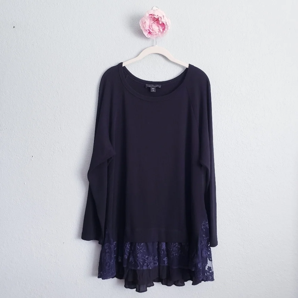 Karen Kane Black Light Sweater Tunic With Tiered Navy Floral Embroidered Lace